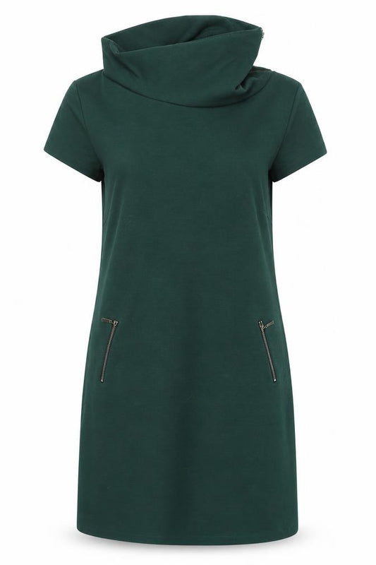 Front view of Sabrina Diamanti women’s green polyester shift, size XL, roll neck zip
