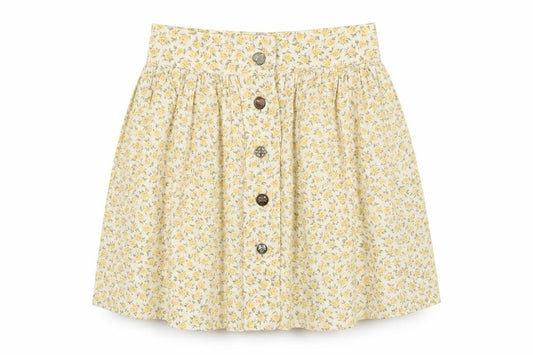 Front view of Joshann Earl women’s yellow floral cotton skater skirt, size S, button