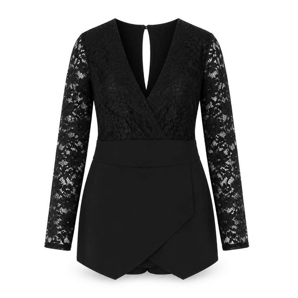 Front view of Boohoo women’s black polyester playsuit one-piece, size UK 6, button