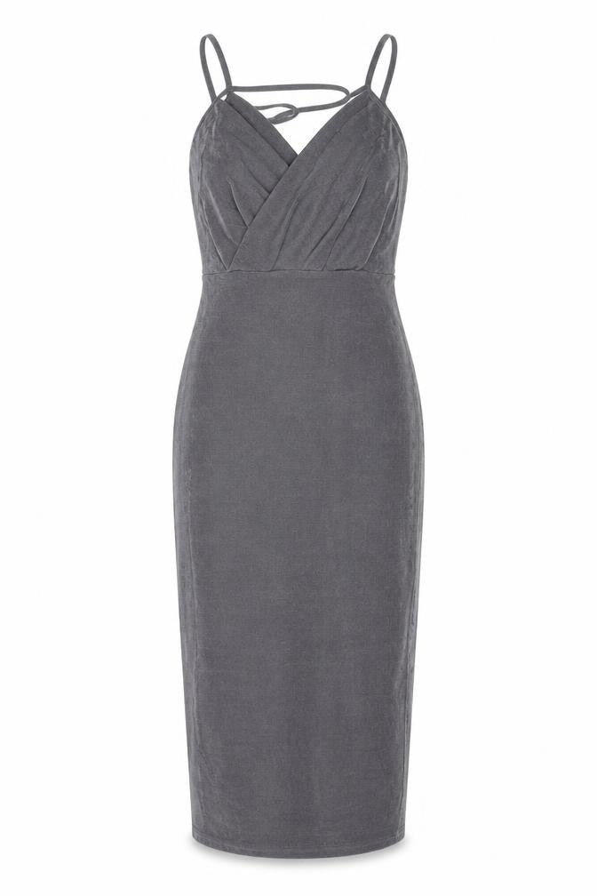 Front view of Missguided women’s grey polyester pencil dress, size UK 10, v-neck pullover