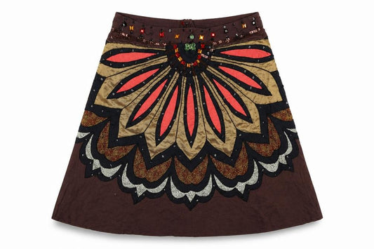 Front view of Preworn women’s brown geometric polyester swing skirt, size UK 32, in zip