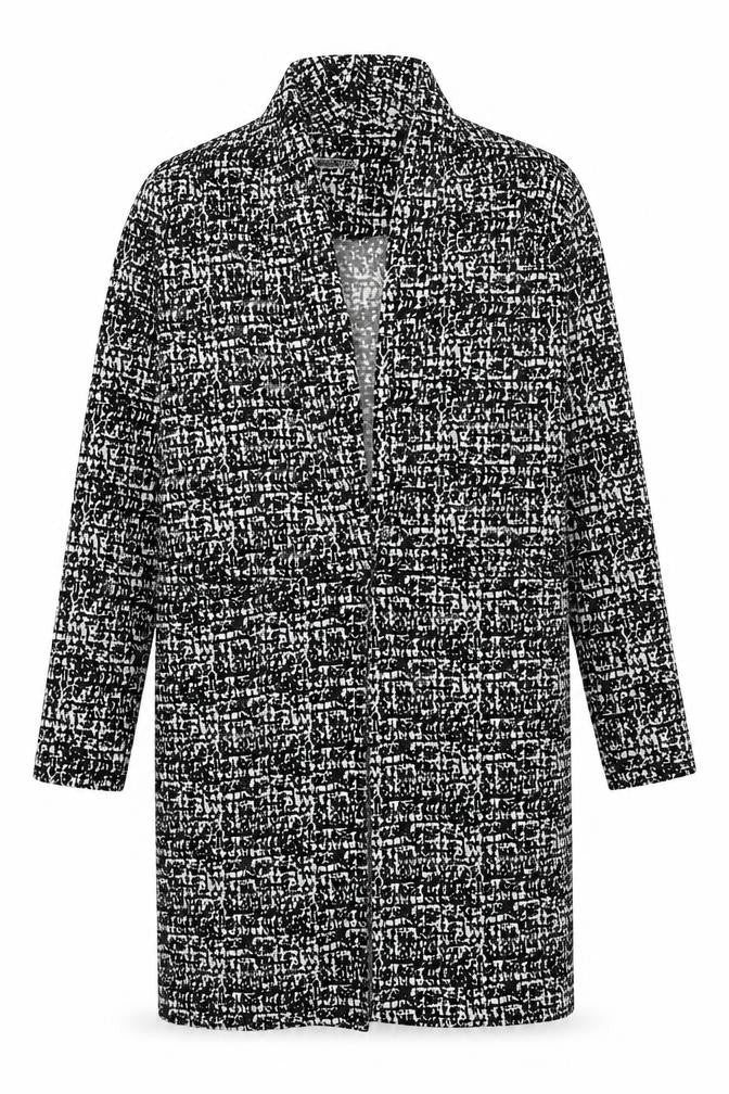 Front view of Amber women’s black geometric polyester kimono blouse, size M, v-neck