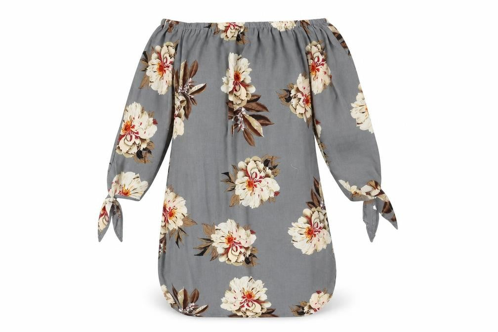 Front view of Cameo Rose women’s grey floral polyester a-line, size UK 8, off the shoulder pullover