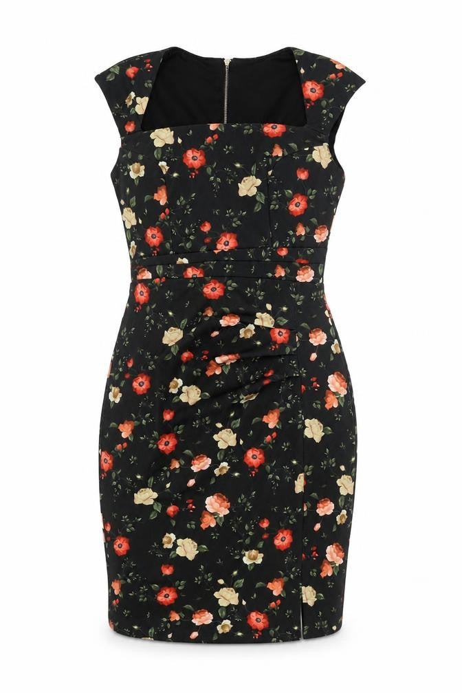 Front view of GFLock women’s black floral nylon shift, size UK 8, square neck zip