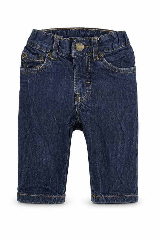 Front view of H&M boys’ blue 100% cotton jogger jeans, size 3-6, months zip
