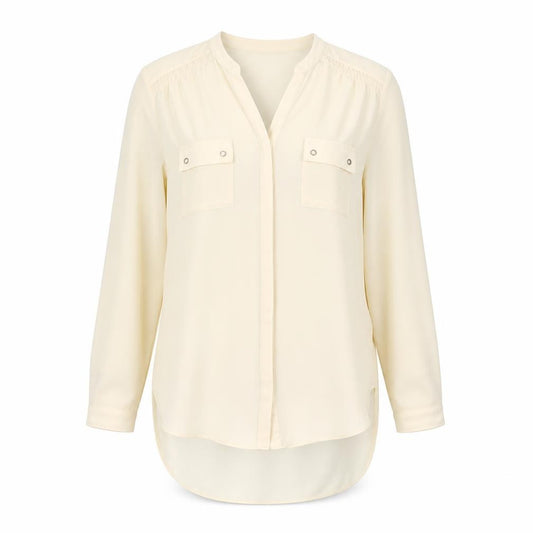 Front view of Wallis women’s beige polyester basic button-up, size M, v-neck