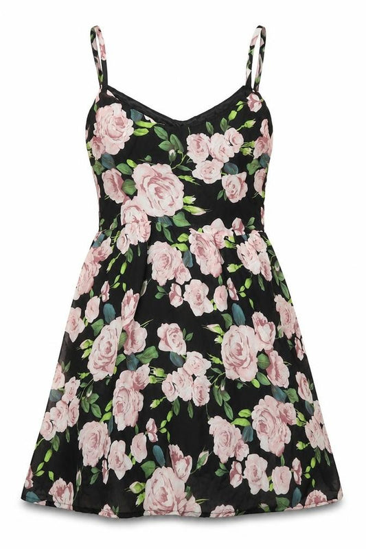 Front view of Boohoo women’s black floral polyester a-line, size UK 8, v-neck pullover