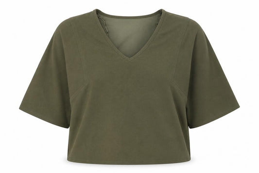 Front view of Papaya women’s green polyester cropped t-shirt, size UK 12, v-neck