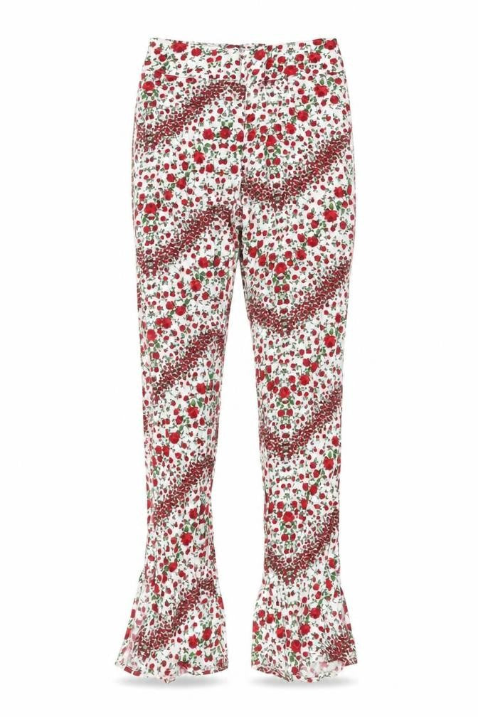 Front view of Divided women’s white floral viscose trousers, size UK 6, regular