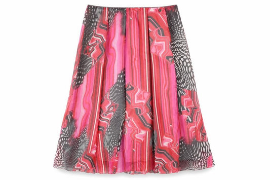 Front view of James Lakeland women’s pink geometric polyester swing skirt, size UK 30, in zip