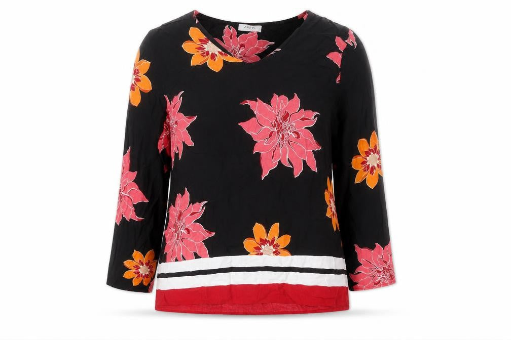 Front view of Soon women’s black floral viscose basic blouse, size UK 14, v-neck