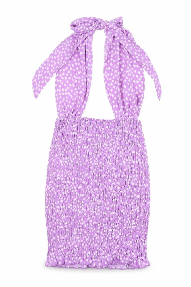 Front view of SHEIN women’s purple polka dot polyester mini, size S, halter tie