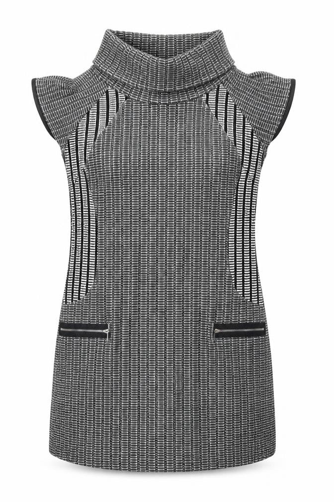 Front view of Quiz women’s grey polyester jacket dress, size UK 12, roll neck pullover