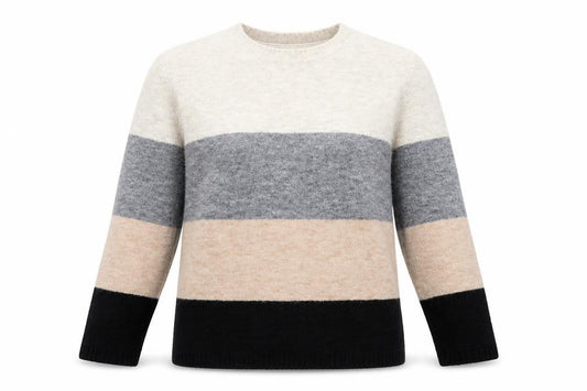 Front view of Sunday women’s multicoloured round neck striped acrylic jumper, size M