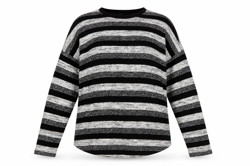 Front view of Peacocks women’s multicoloured round neck striped polyester jumper, size UK 10