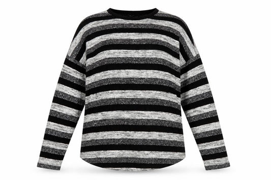 Front view of Peacocks women’s multicoloured round neck striped polyester jumper, size UK 10
