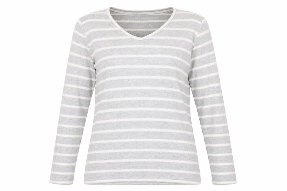 Front view of Love Leisure women’s grey v-neck striped polyester jumper, size UK 14