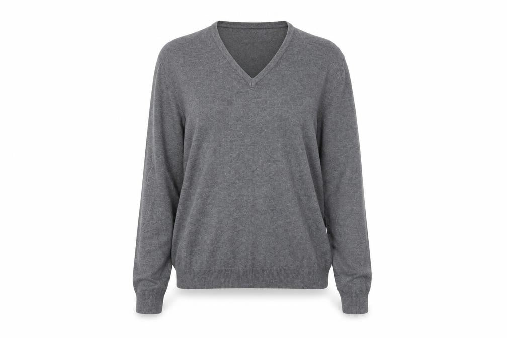 Front view of H&M women’s grey v-neck cotton jumper, size L