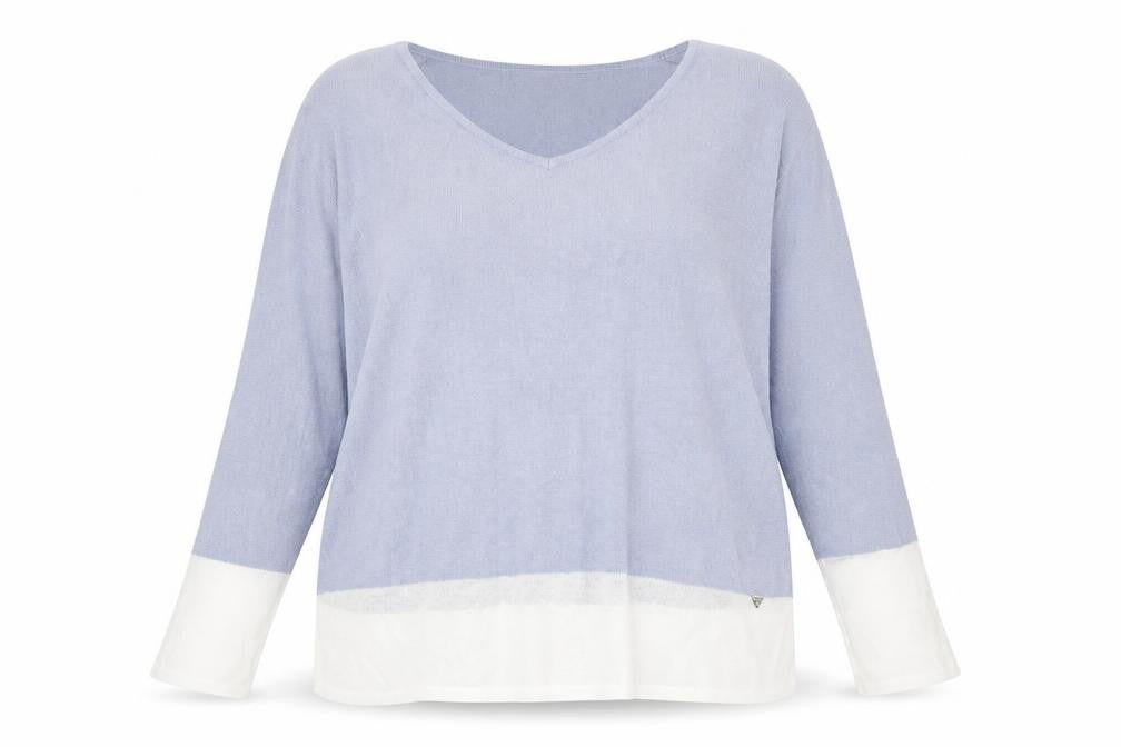 Front view of Pure women’s blue v-neck cotton jumper, size UK 18