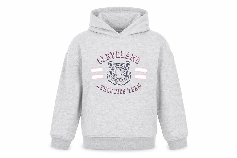 Front view of Primark girls’ grey cotton pullover hoodie, size 11-12, years pullover - cleveland athletics team
