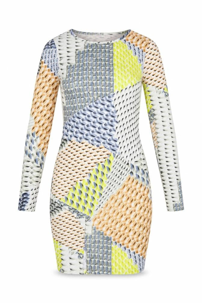 Front view of Topshop women’s multicoloured geometric polyester bodycon, size UK 10, round neck
