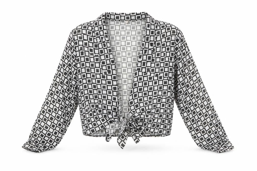 Front view of Preworn women’s black geometric polyester cropped blouse, size UK 14, collared