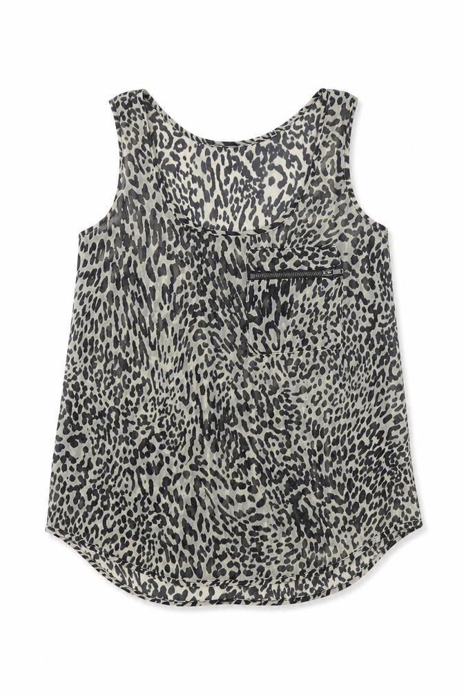Front view of Topshop women’s multicoloured animal print polyester basic tank, size UK 4, scoop neck - leopard print