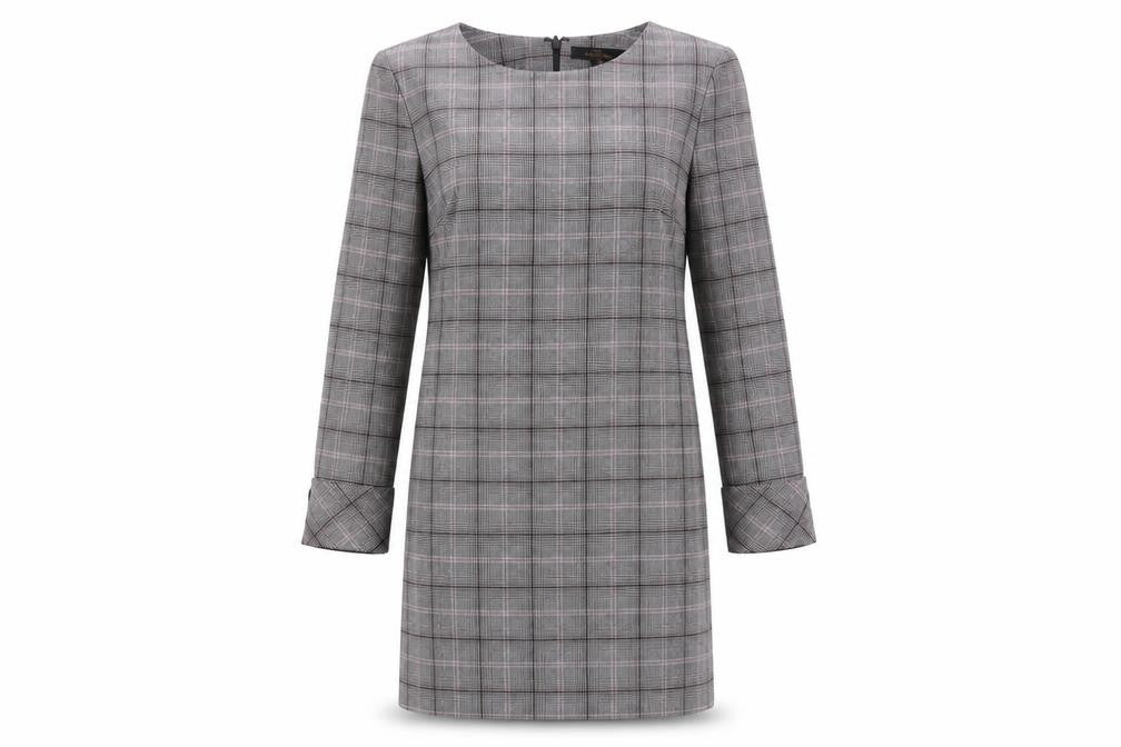 Front view of Next women’s black plaid polyester shift, size UK 10, scoop neck zip