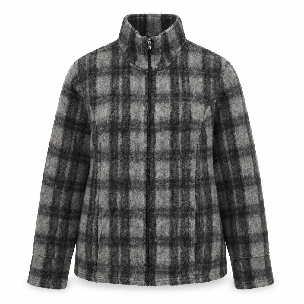 Front view of Per Una women’s grey geometric jacket, size S, zip