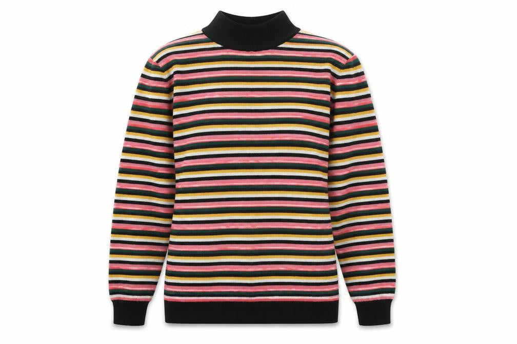 Front view of Papaya women’s multicoloured mock neck striped acrylic jumper, size UK 8