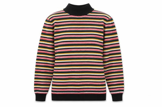 Front view of Papaya women’s multicoloured mock neck striped acrylic jumper, size UK 8