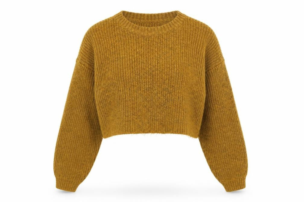 Front view of New Look women’s yellow round neck acrylic jumper, size S