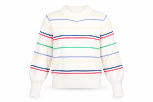 Front view of Next women’s white round neck striped acrylic jumper, size XS