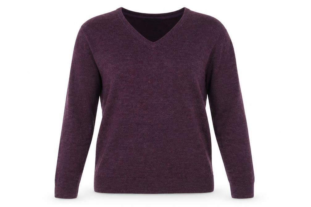 Front view of Easy women’s purple v-neck acrylic jumper, size L