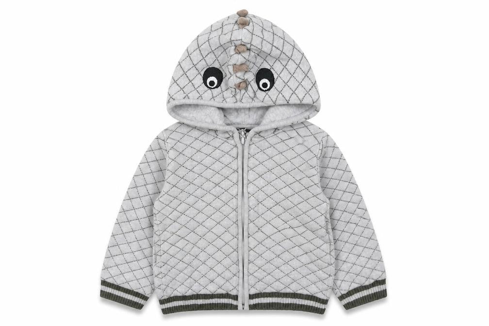 Front view of Tu boys’ grey geometric jacket, size 18, months zip