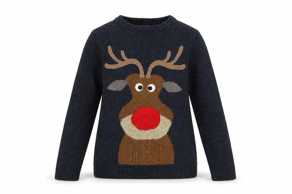 Front view of Next women’s grey round neck acrylic jumper, size S, - reindeer