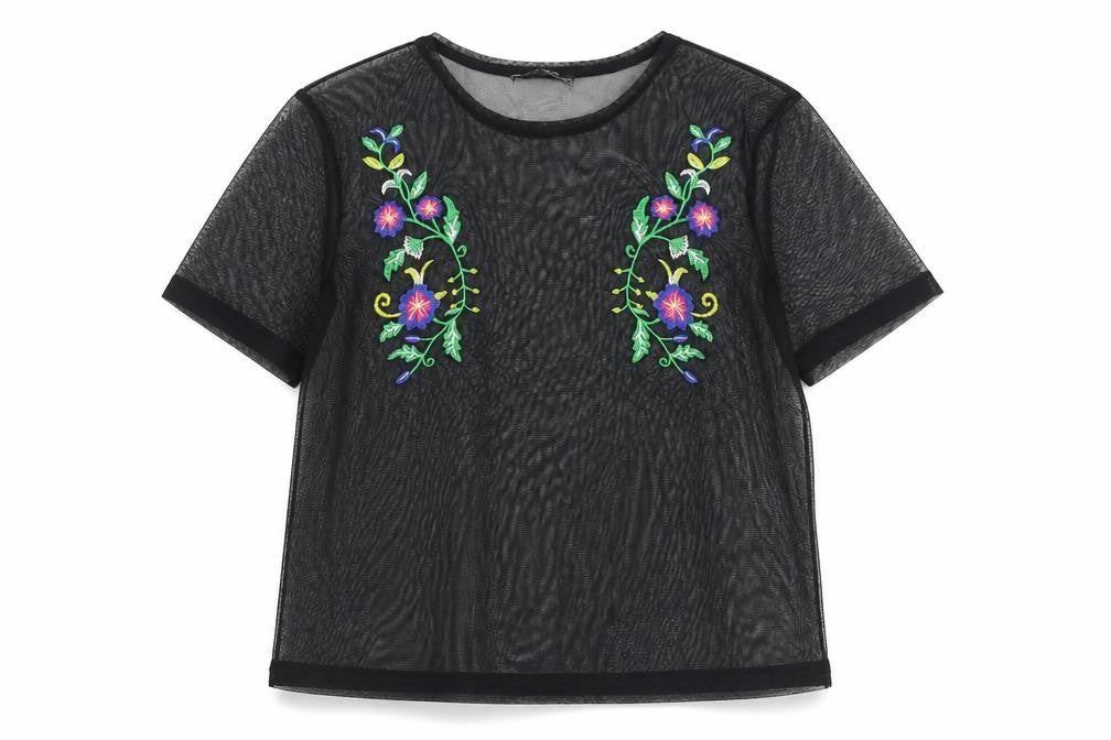 Front view of Zara women’s black polyester basic t-shirt, size S, round neck - flower detail