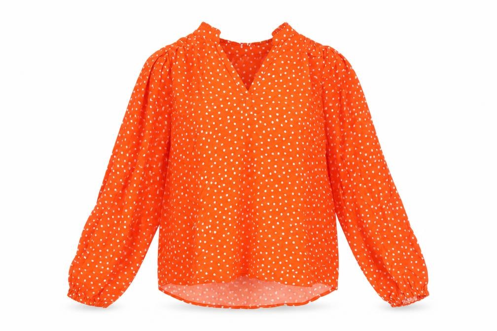 Front view of Marks & Spencer women’s orange geometric viscose basic blouse, size UK 8, v-neck