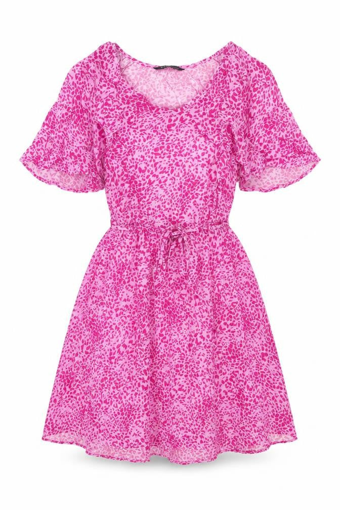 Front view of Marks & Spencer women’s pink animal print polyester a-line, size UK 10, round neck pullover - leopard pattern
