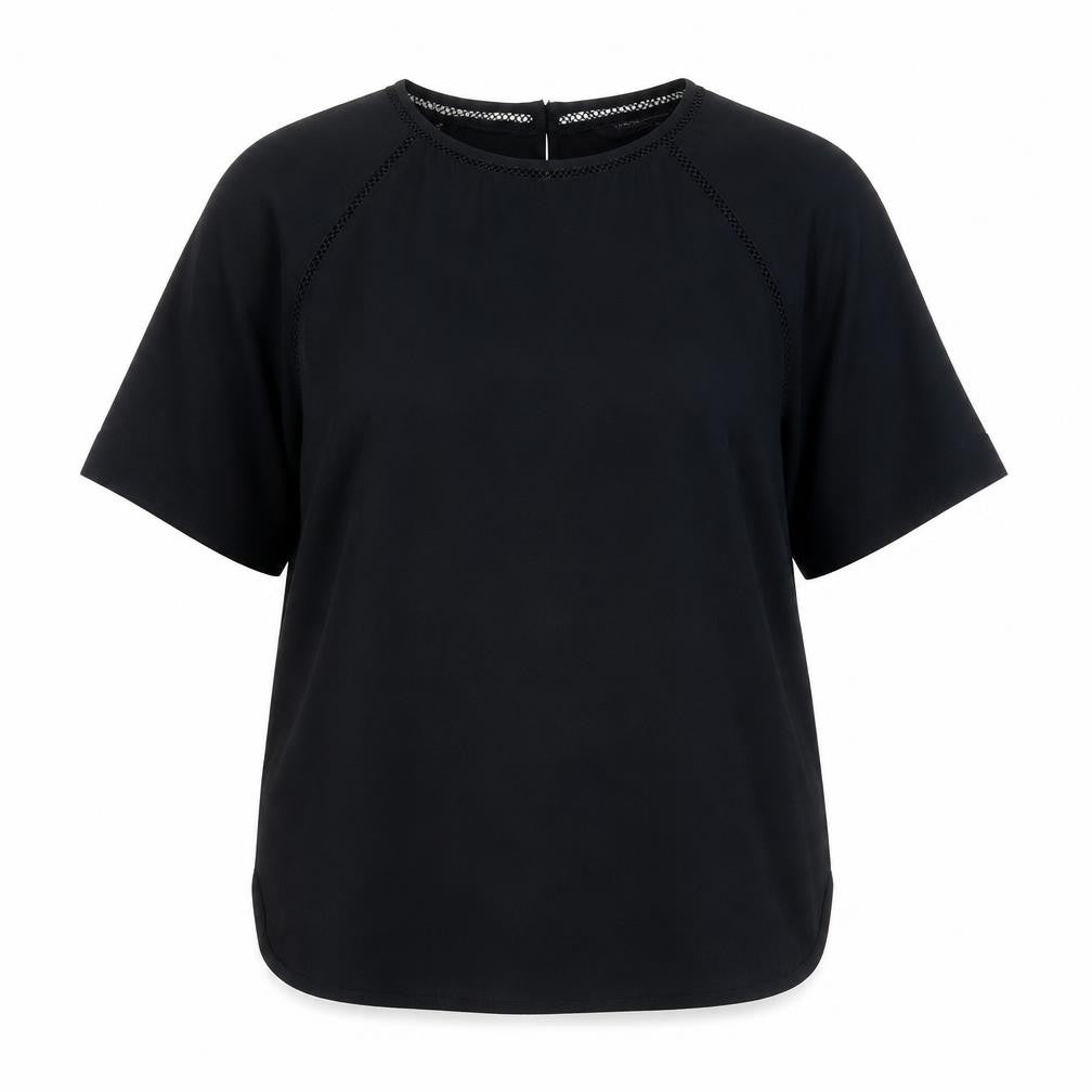 Front view of Marks & Spencer women’s black herringbone polyester basic t-shirt, size UK 6, round neck