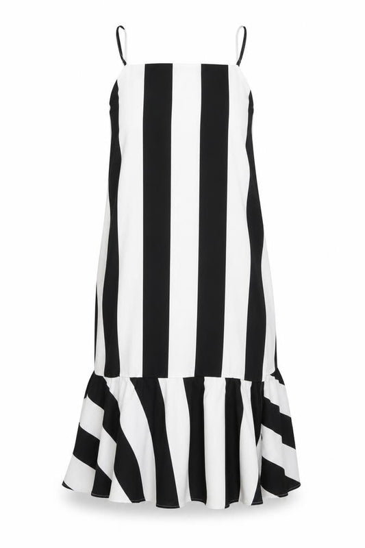 Front view of Collusion women’s black striped polyester a-line, size UK 8, square neck pullover