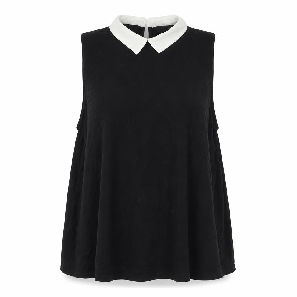 Front view of New Look women’s black viscose basic tank, size UK 10, collared