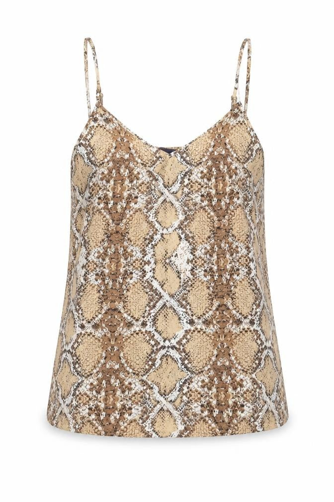 Front view of Marks & Spencer women’s brown animal print polyester basic tank, size UK 6, v-neck - snake print