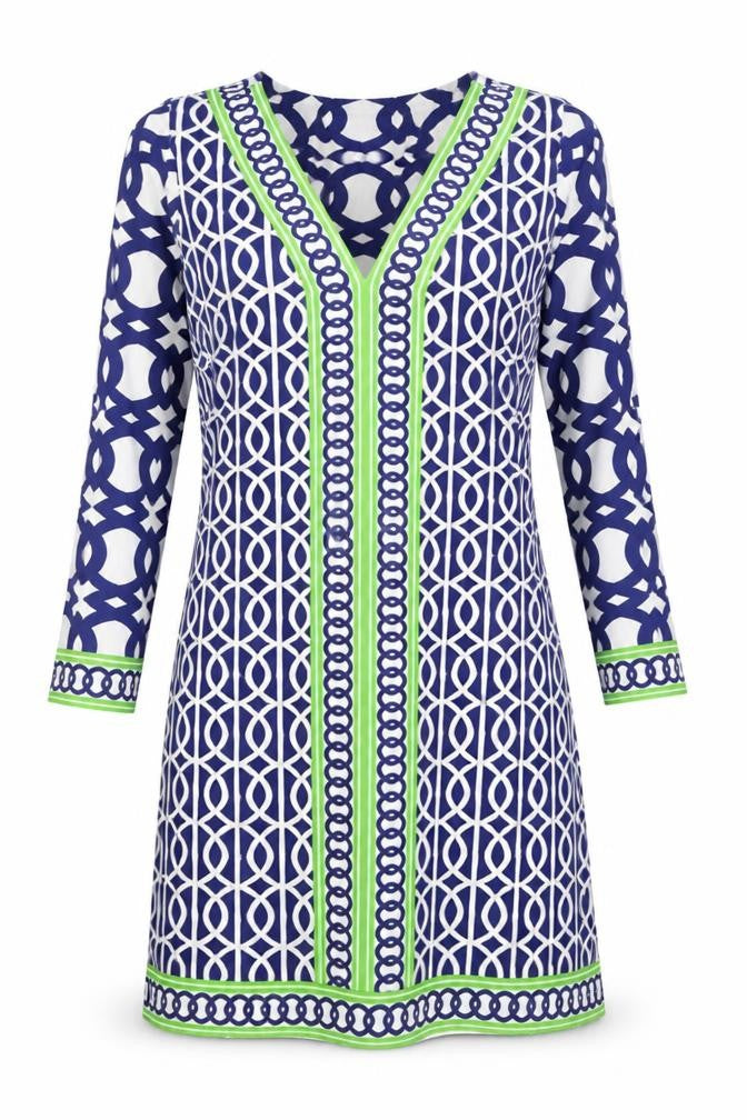 Front view of Sandy Lane women’s multicoloured geometric polyester a-line, size XS, v-neck magnetic