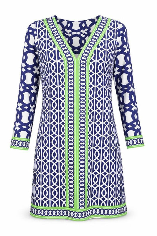 Front view of Sandy Lane women’s multicoloured geometric polyester a-line, size XS, v-neck magnetic