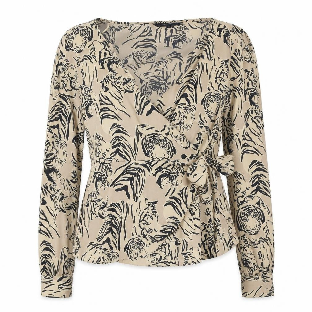 VERO MODA Womens Brown Animal Print Viscose Basic Blouse Size XS V-Neck - Tiger Print