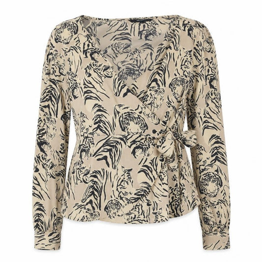 Front view of Vero Moda women’s brown animal print viscose basic blouse, size XS, v-neck - tiger print