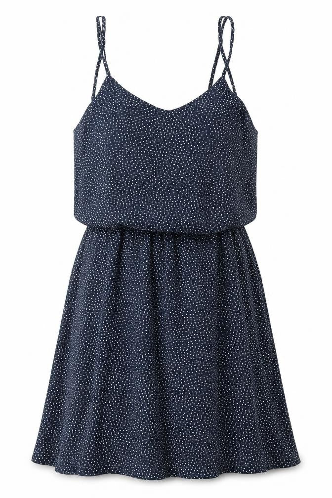 Front view of H&M women’s black geometric viscose tank dress, size UK 6, v-neck pullover