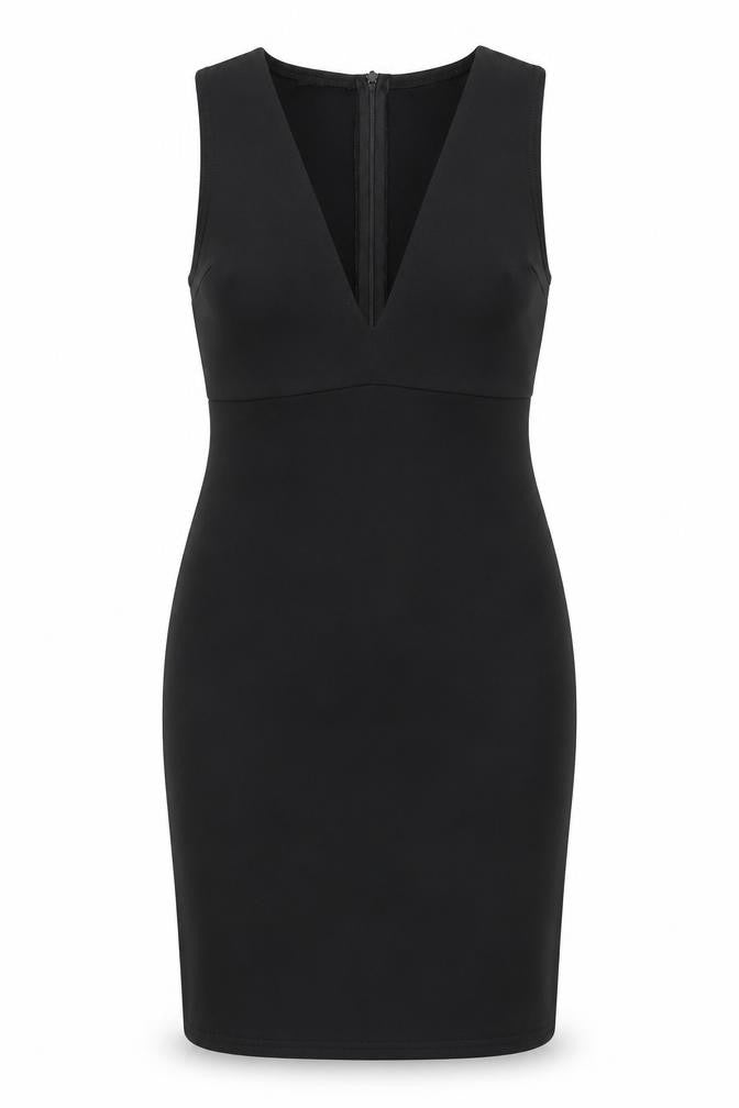 Front view of Missguided women’s black polyester a-line, size UK 10, v-neck zip