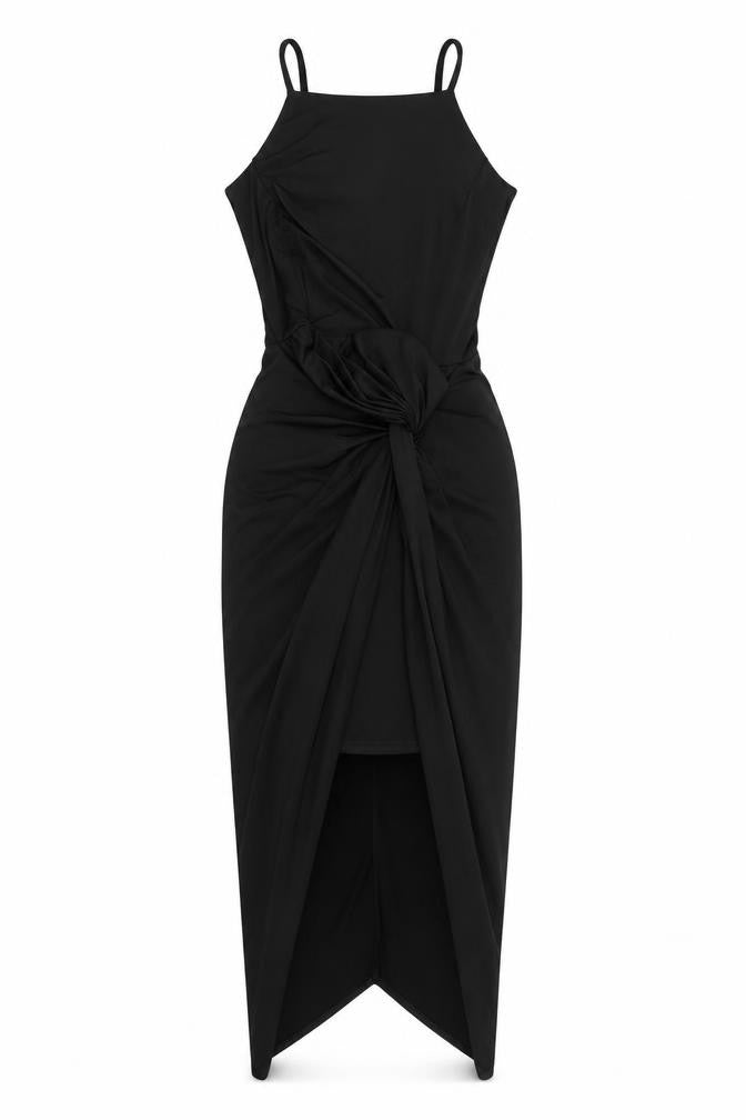 Front view of Miss Selfridge women’s black polyester a-line, size UK 4, square neck pullover